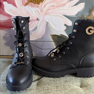 GBG Los Angeles Black Combat Boots with Gold Accents